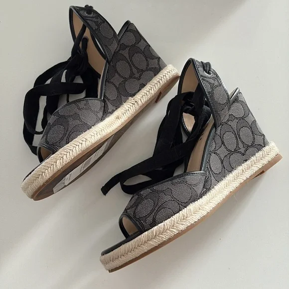 7.5B Coach Black Wedge Sandals Patrice Sig Espdrill Black/Smoke/Coal Box incl’d - Picture 6 of 14